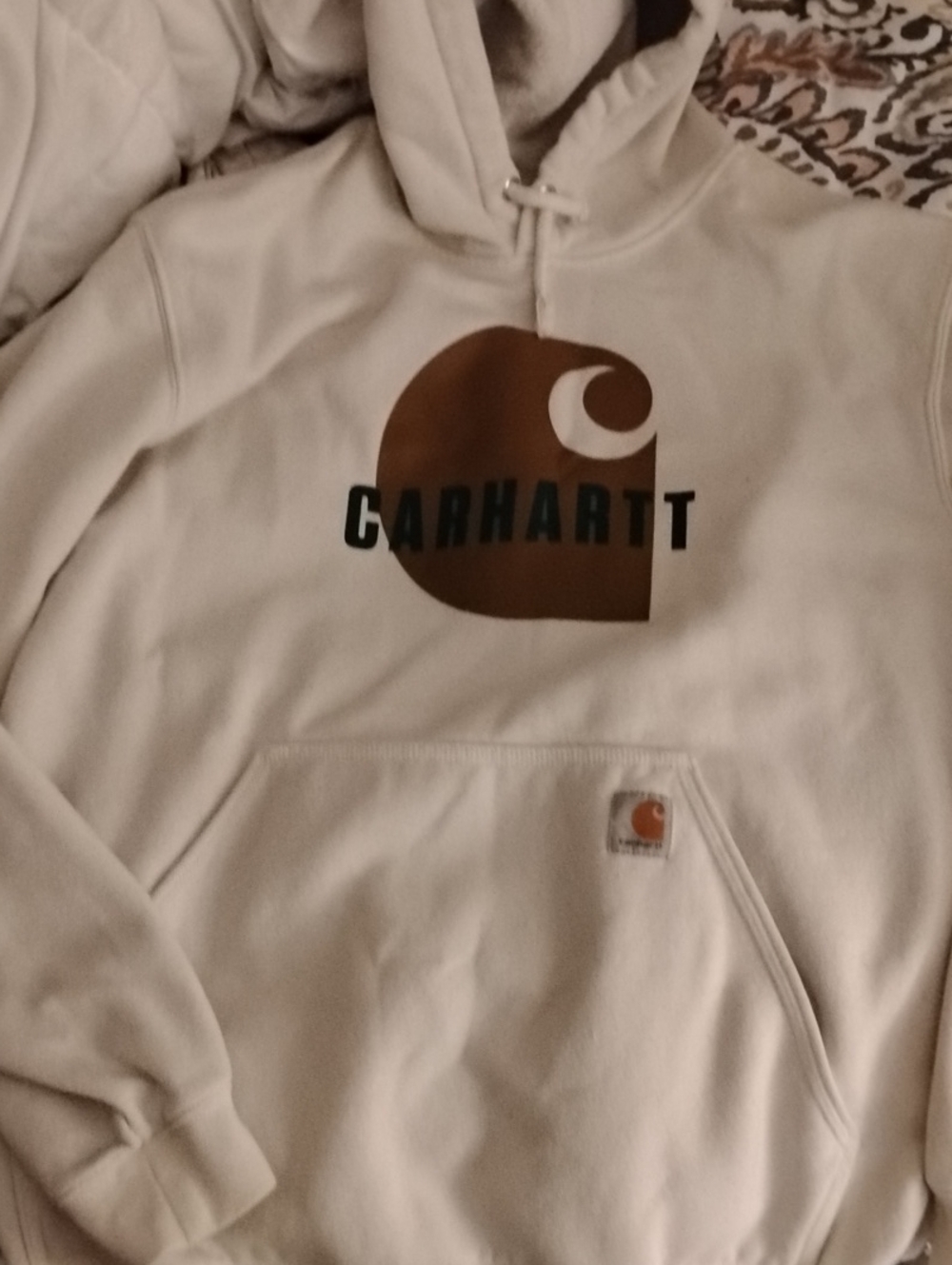 Carhartt Men’s Cream Crewneck Hoodie with Brown Logo